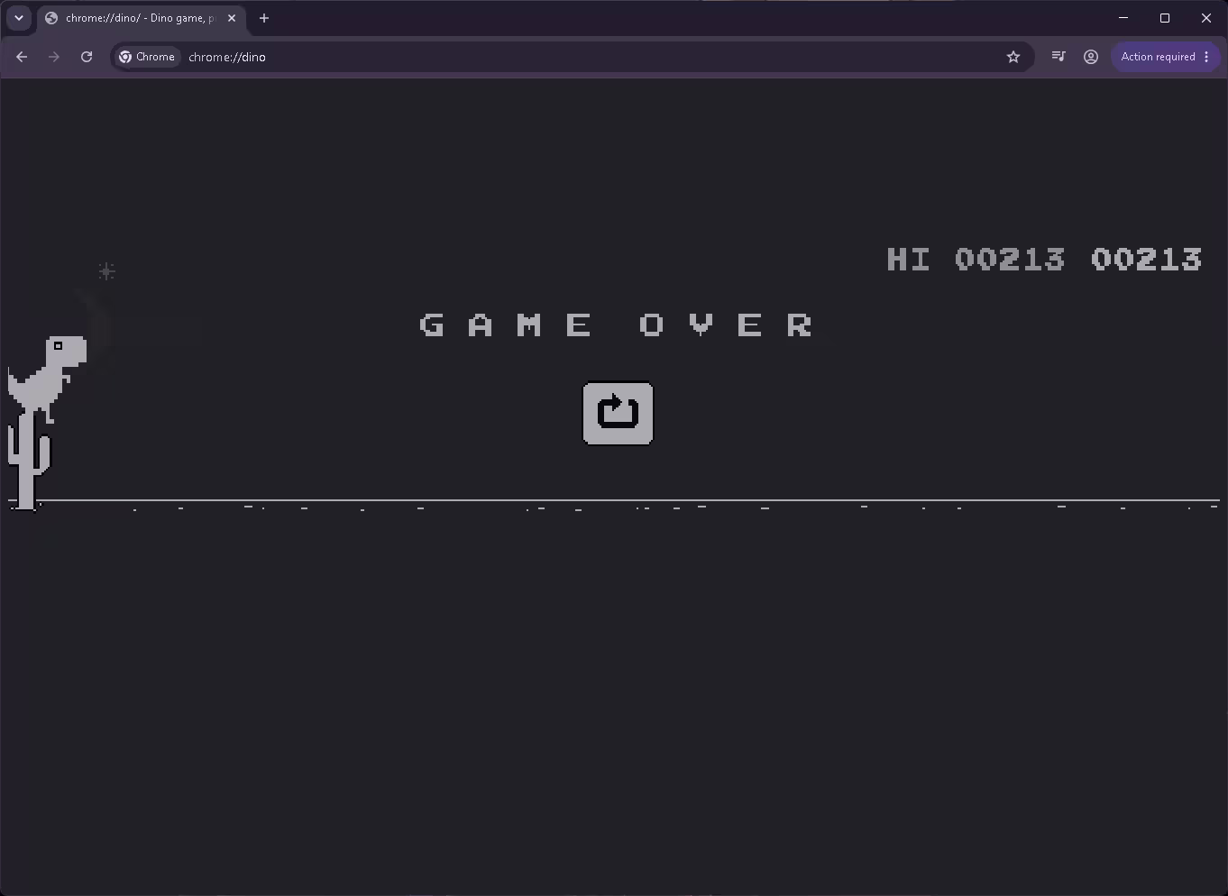 Chrome Dino game over screen at chrome://dino with a high score of 213