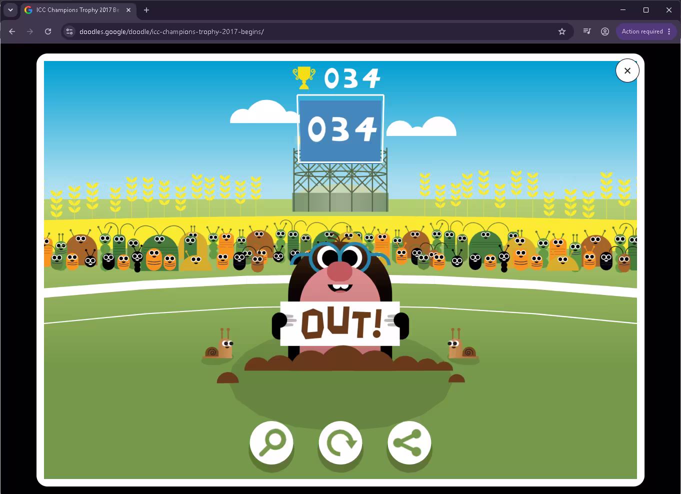 Google Doodle Cricket game showing a score of 34 and the mole umpire holding an OUT sign