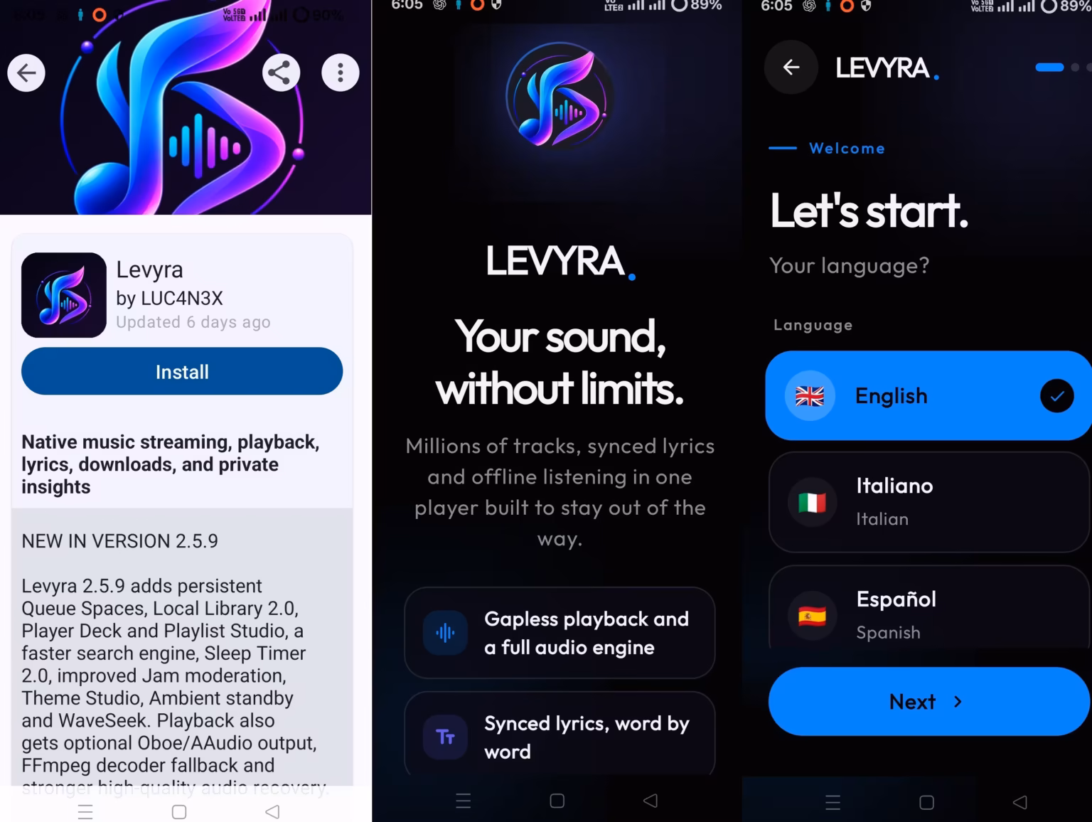 Installing the Levyra open-source music player from F-Droid on Android