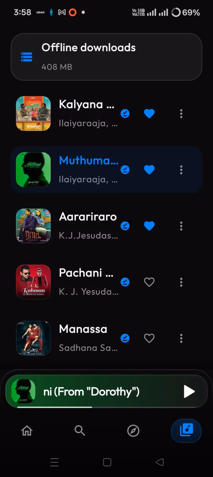 Levyra offline downloads screen showing 408 MB of saved songs