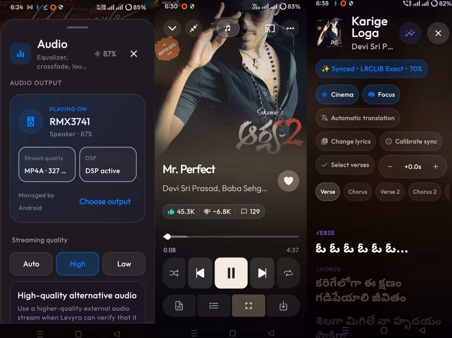 Levyra synced Telugu song lyrics displayed alongside playback and audio settings