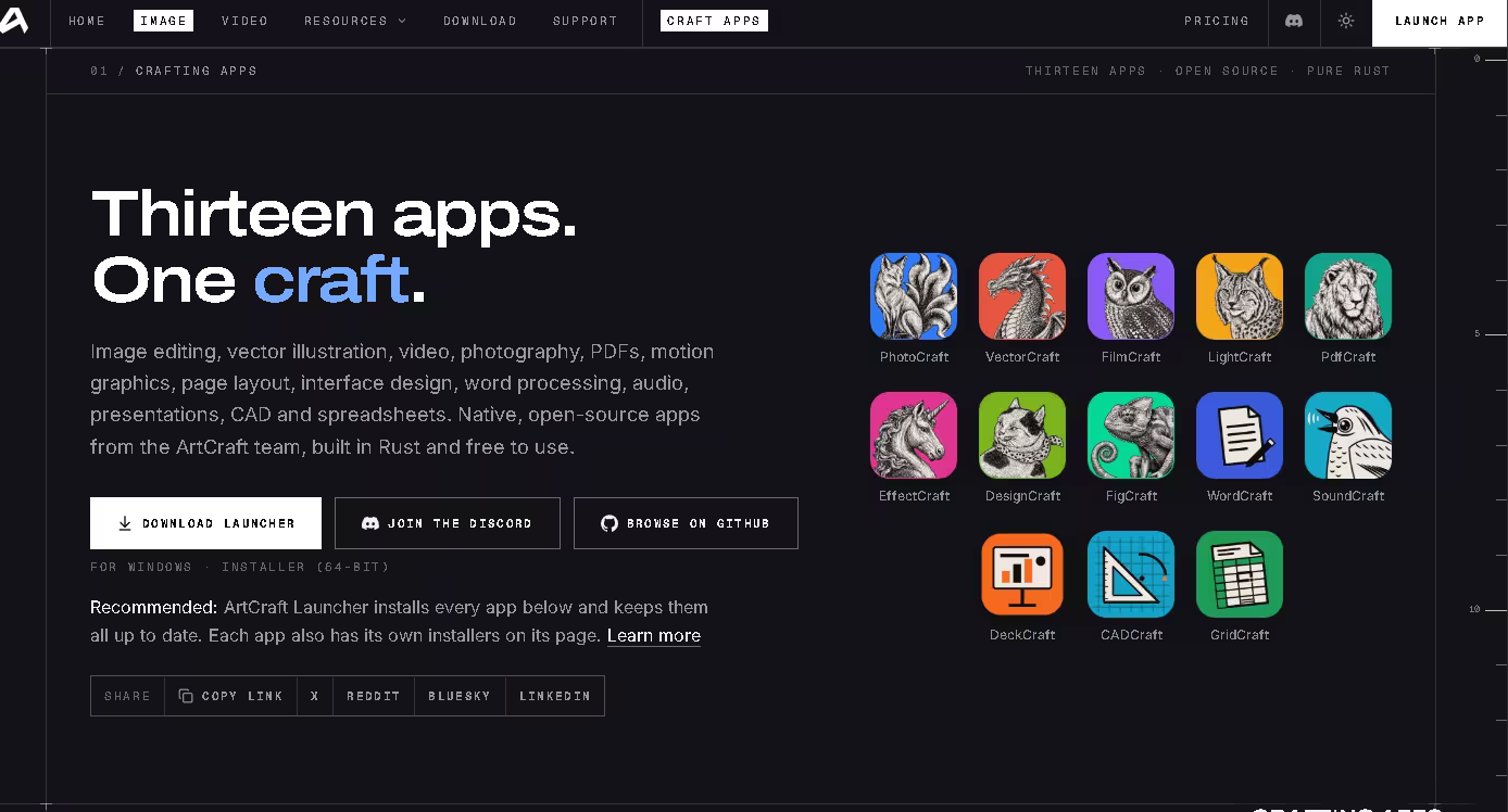 ArtCraft Crafting Apps web page showing 13 app icons and a Download Launcher button