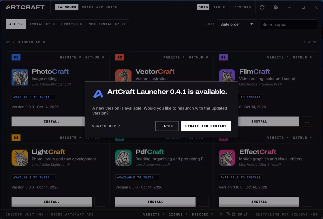 ArtCraft Launcher prompting an update to version 0.4.1