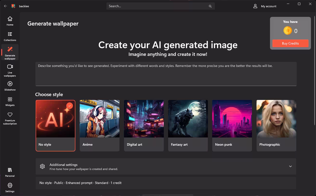 backiee AI wallpaper generator with prompt box, style options and a credit balance of zero