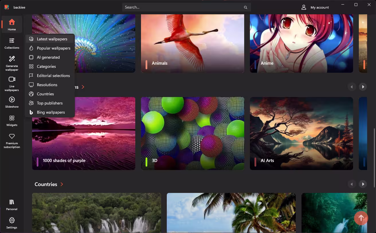 backiee Collections menu listing Latest, Popular, AI generated, Categories, Resolutions, Countries, Top publishers and Bing wallpapers