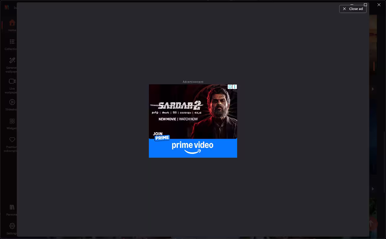 Full-screen advertisement covering the backiee app interface in the free version on Windows 11