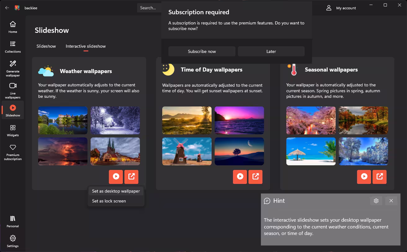 backiee Interactive slideshow with Weather, Time of Day and Seasonal wallpaper modes and a Subscription required prompt