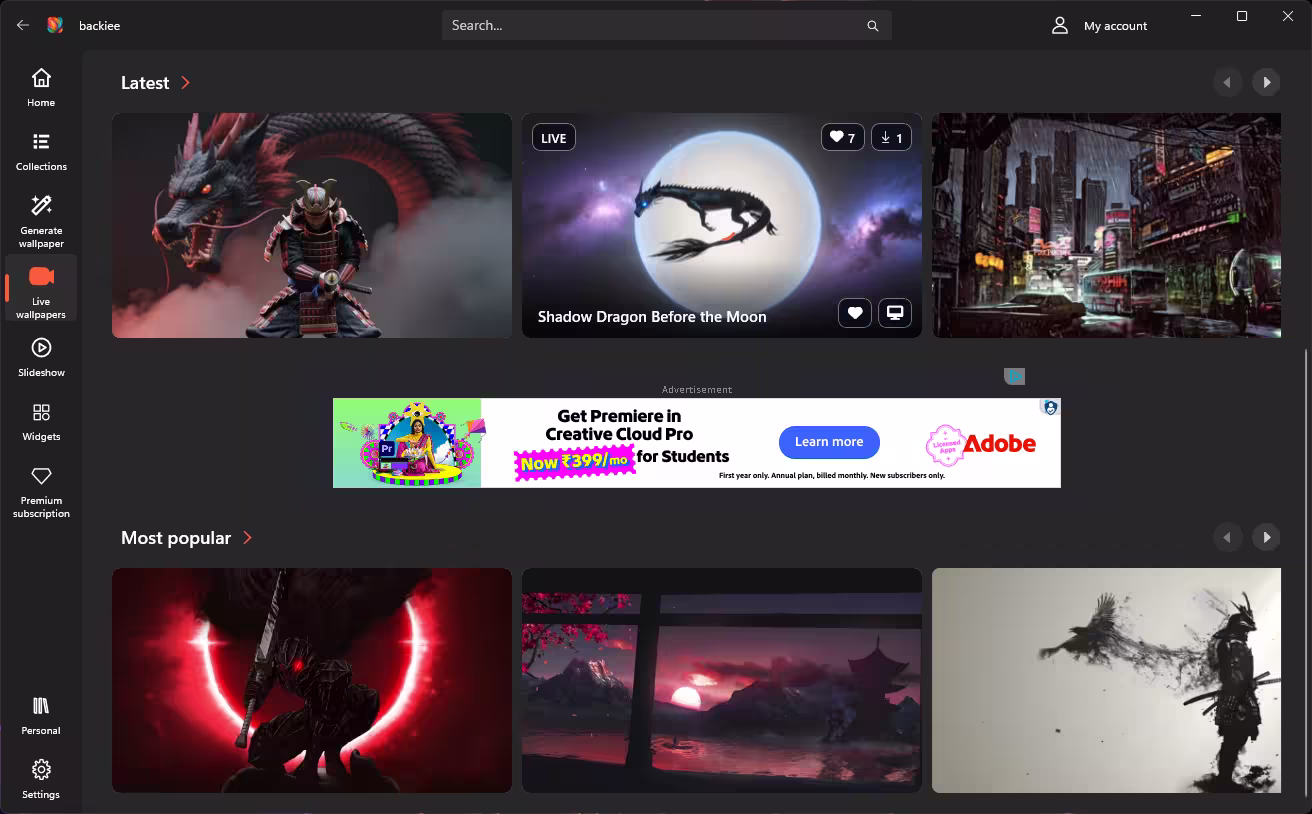 backiee Live wallpapers section showing animated wallpapers with a banner ad between rows