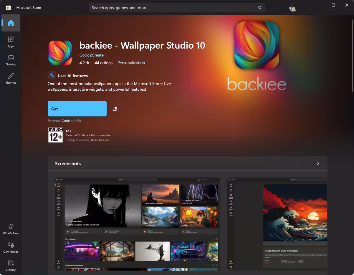 backiee Wallpaper Studio 10 listing in the Microsoft Store on Windows 11 showing the Get button and 12+ rating