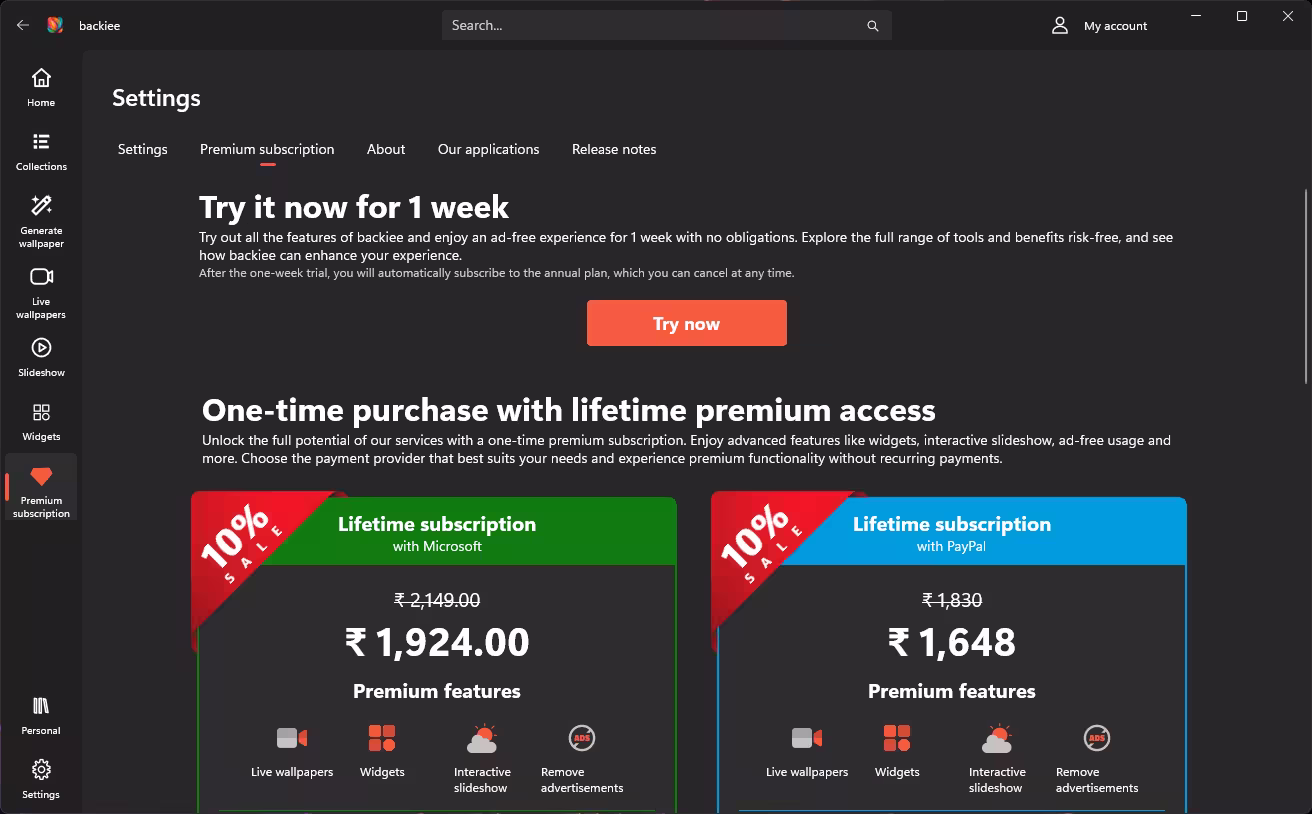 backiee Premium page with a one-week trial and lifetime subscription prices via Microsoft and PayPal