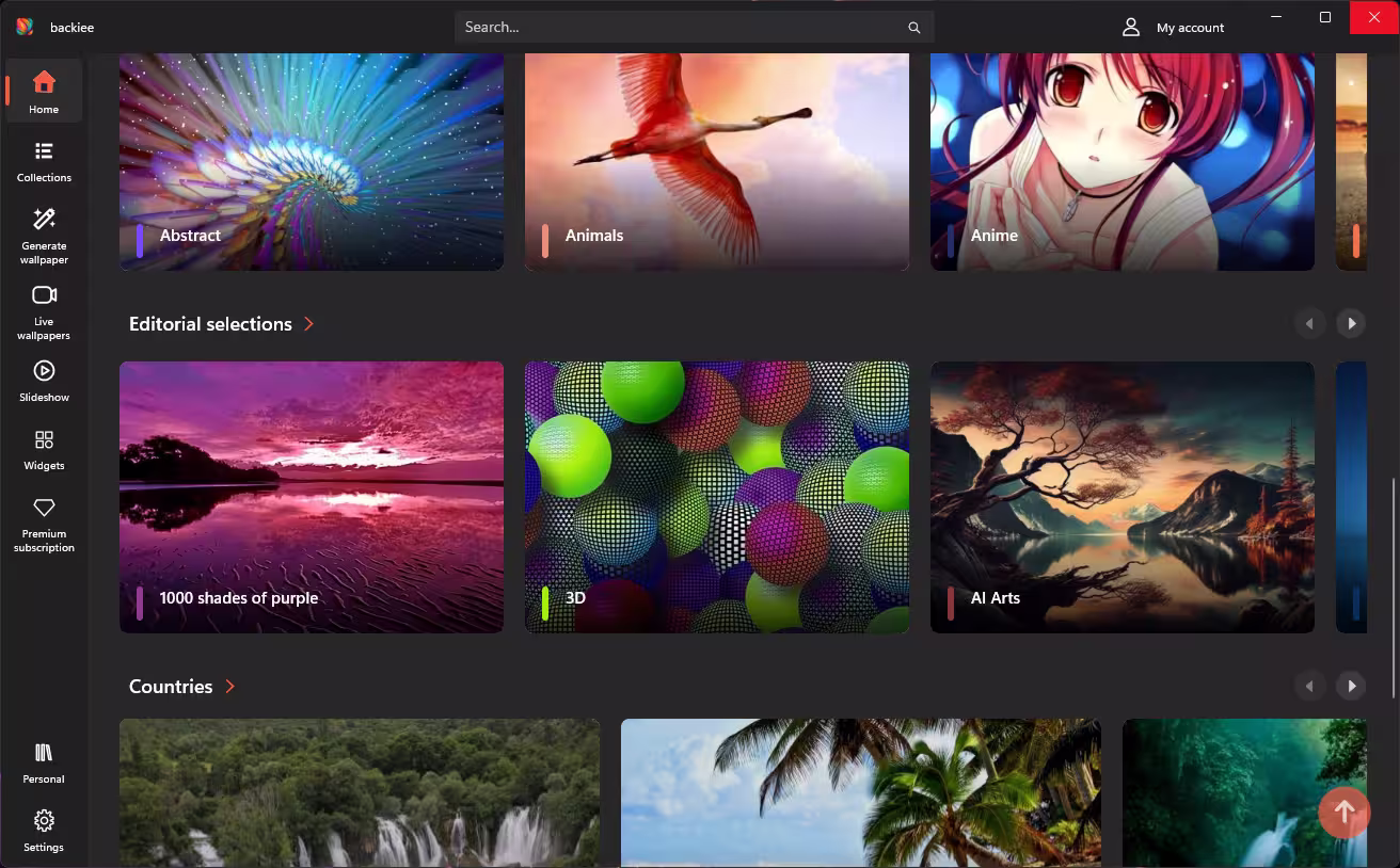 backiee app home screen on Windows 11 with Abstract, Animals and Anime categories and Editorial selections