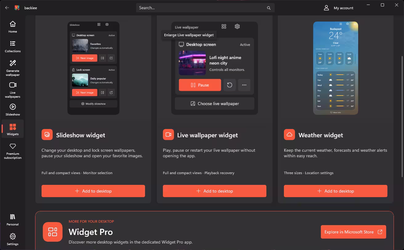 backiee Widgets page showing Slideshow, Live wallpaper and Weather widgets with Add to desktop buttons