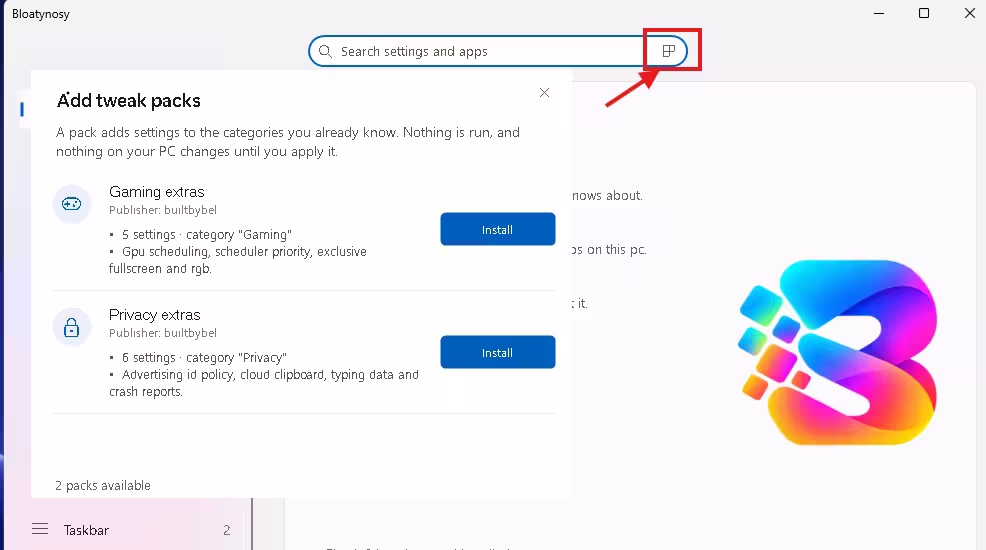Bloatynosy Add tweak packs window with Gaming extras and Privacy extras