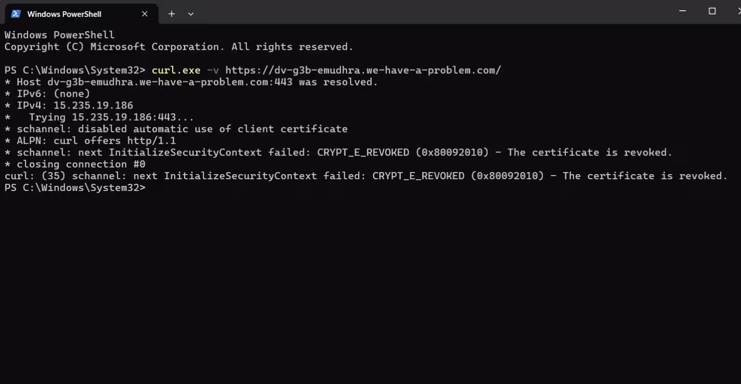 Windows curl.exe rejecting a compromised eMudhra test host as revoked