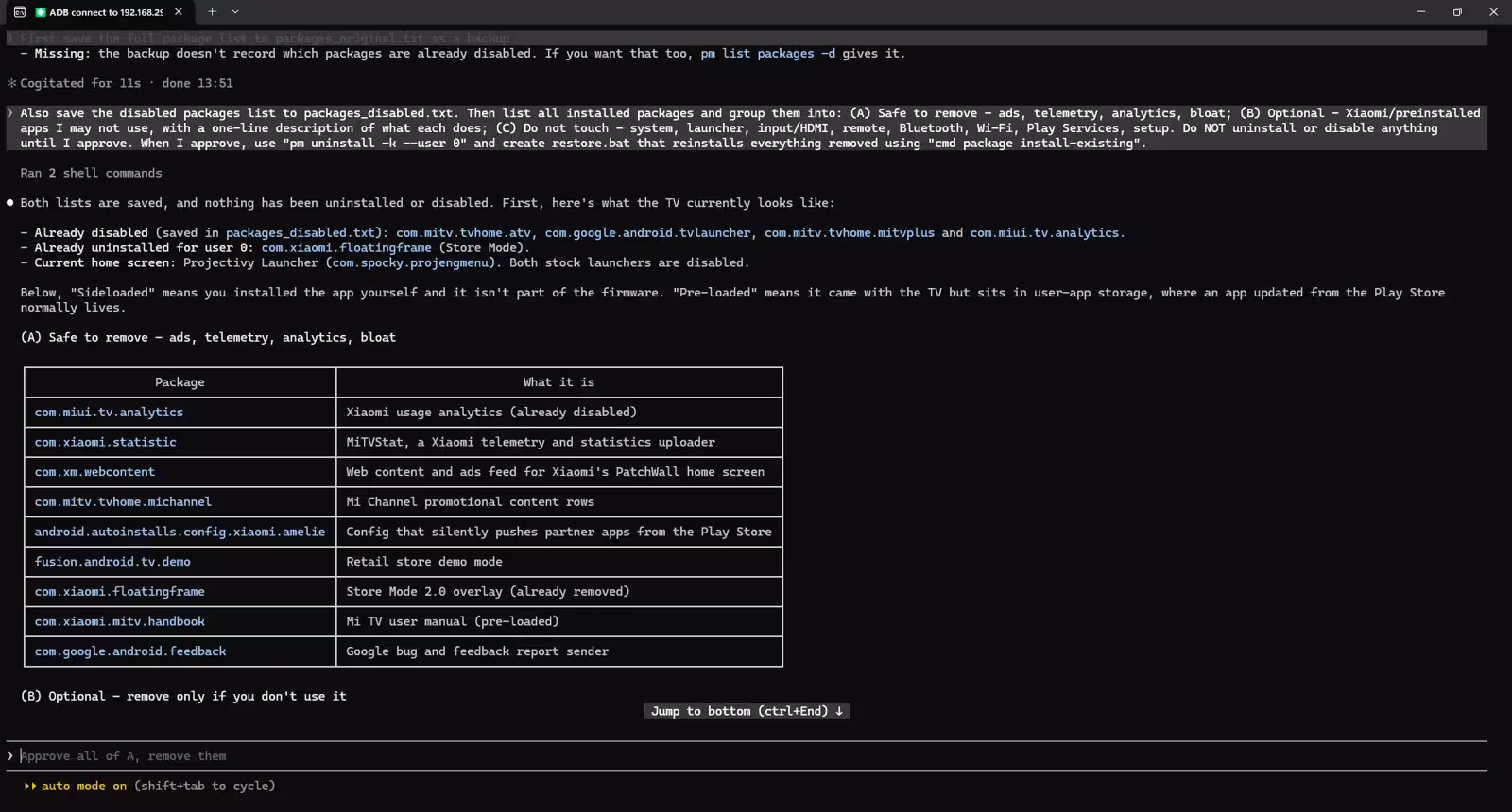 Claude Code grouping Mi TV packages into safe to remove, optional and do not touch