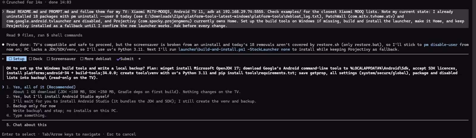 Claude Code asking permission to install JDK 17 and the Android SDK to build the CleanYourTV launcher