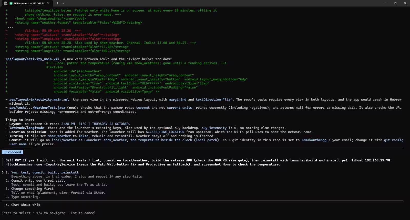 Claude Code showing the code diff that adds an Open-Meteo temperature to the launcher clock