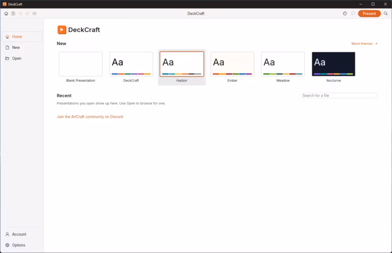 DeckCraft presentation app showing built-in themes on Windows