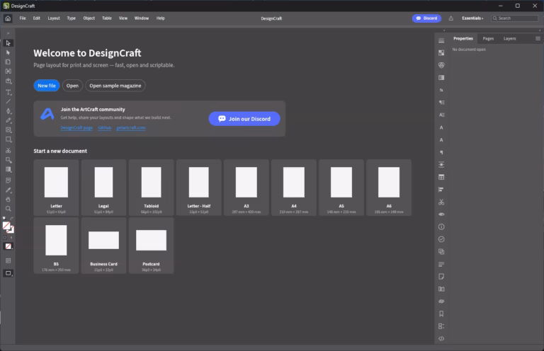 DesignCraft page layout app with page-size presets on Windows