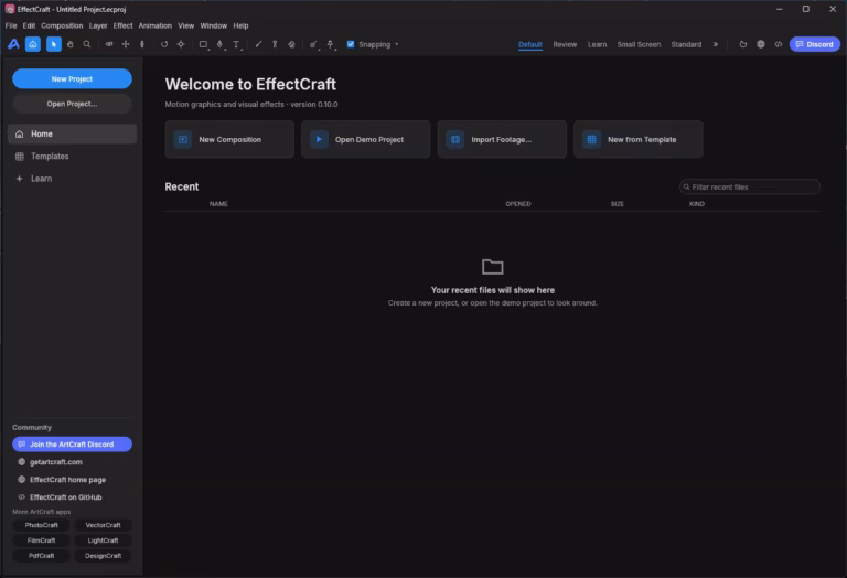 EffectCraft 0.10.0 welcome screen with New Composition and demo project on Windows