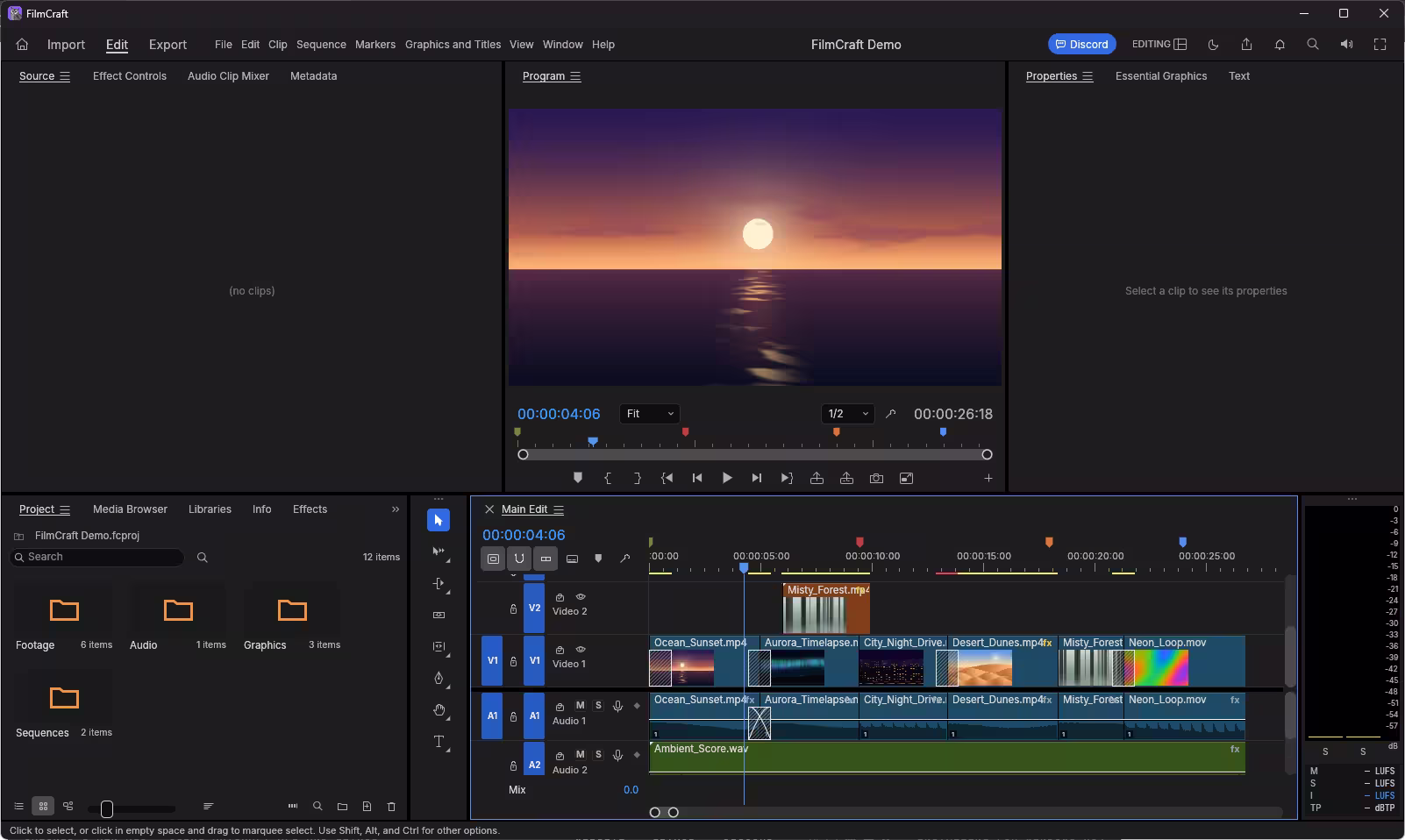 FilmCraft video editor on Windows with a demo project on a multi-track timeline