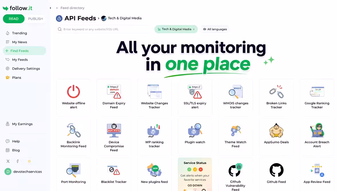 follow.it API feeds for website offline, SSL expiry, broken links and backlink monitoring