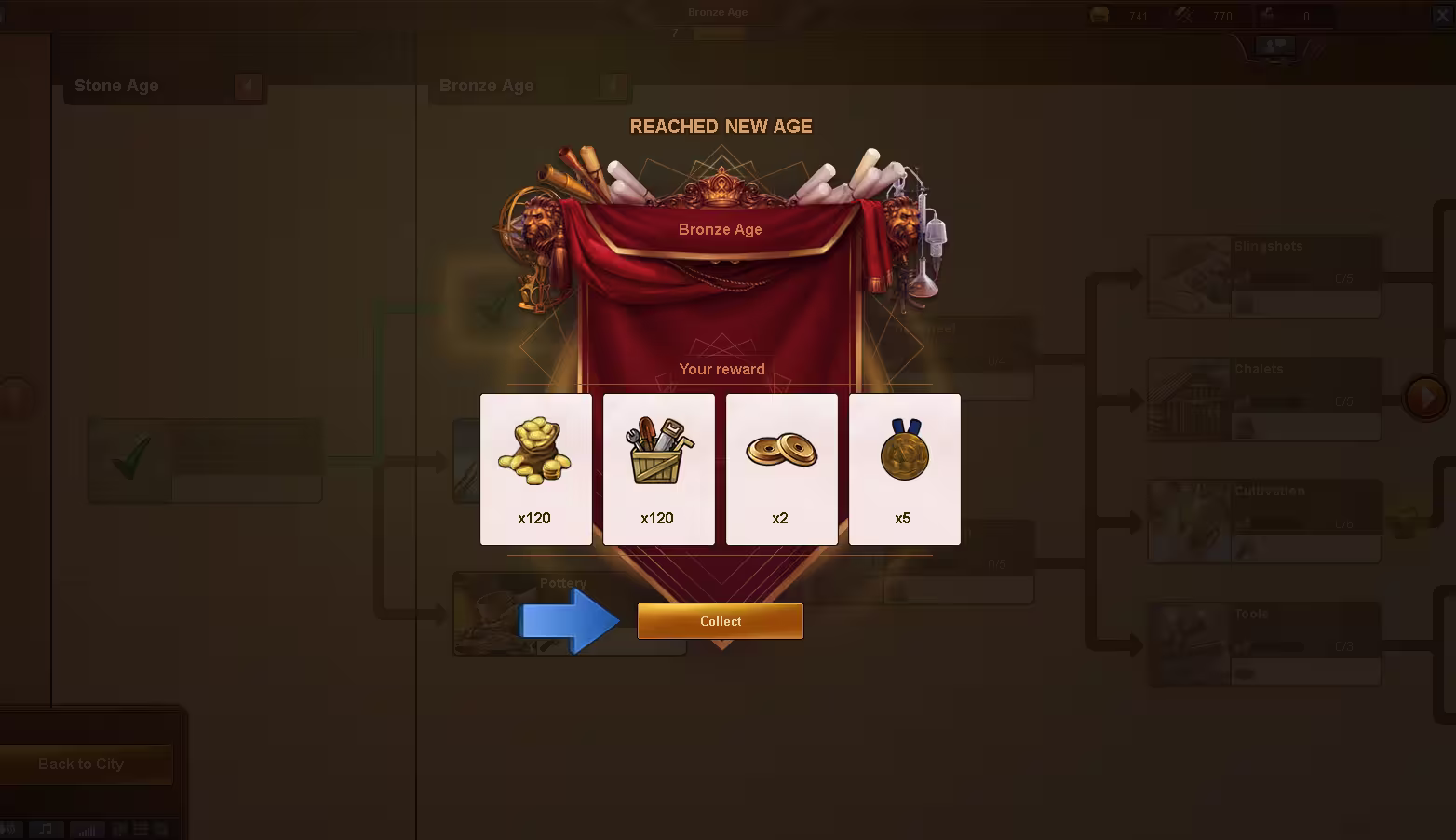 Forge of Empires Reached New Age screen showing Bronze Age rewards of coins, supplies, Forge Points and medals