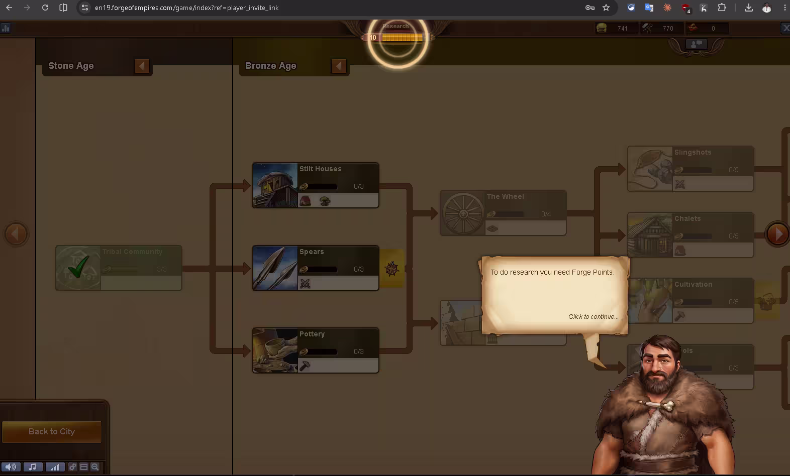 Forge of Empires technology research tree showing Stone Age and Bronze Age technologies