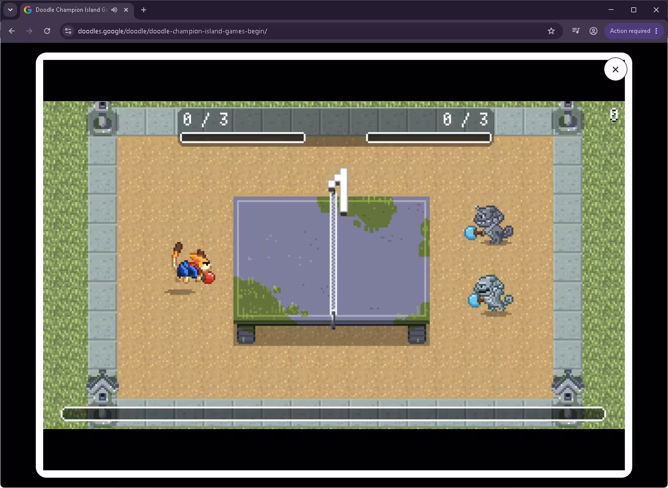 Lucky the ninja cat playing table tennis in Doodle Champion Island Games