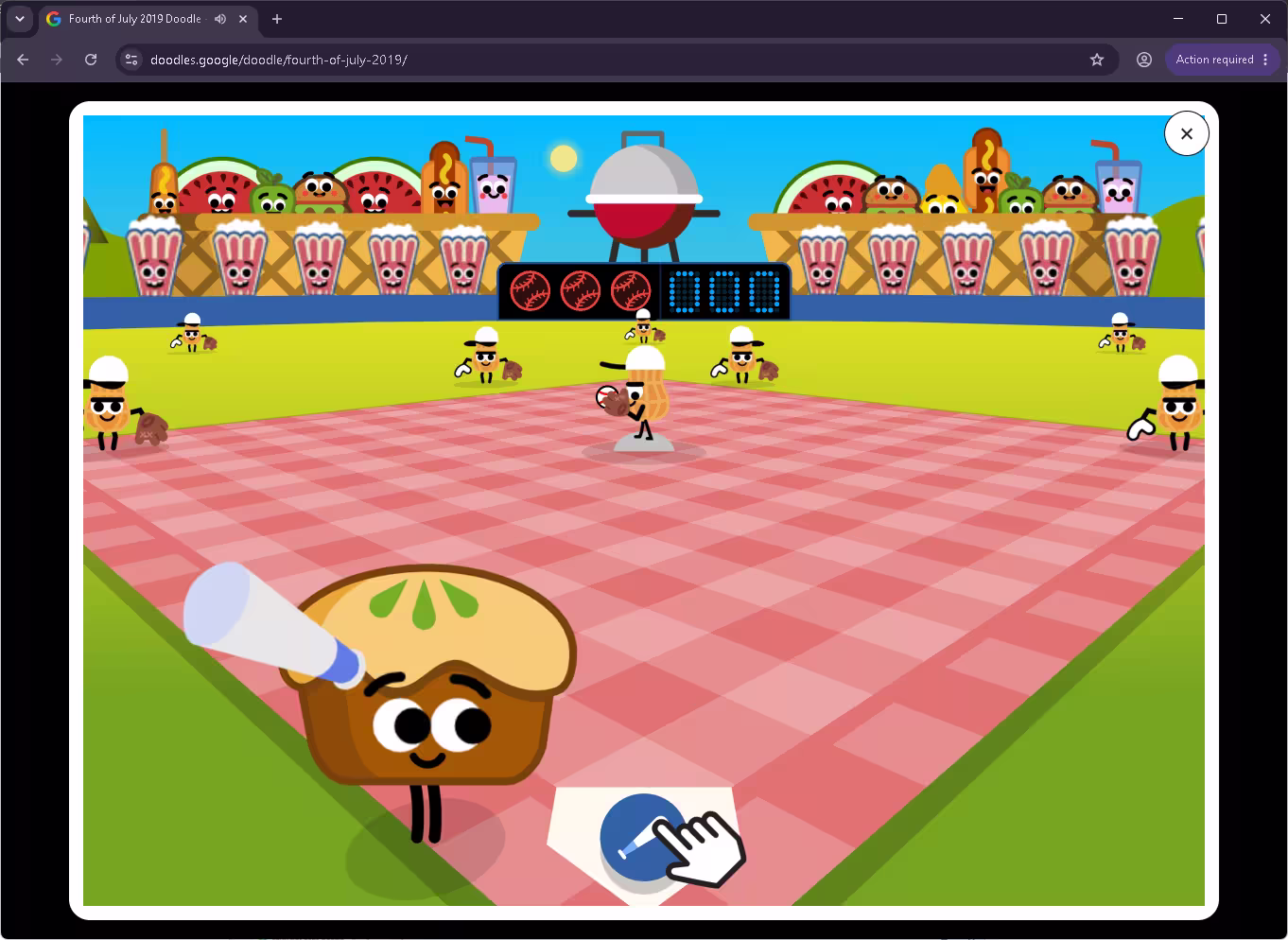 Google Fourth of July 2019 baseball Doodle with peanut fielders and food characters in the stands