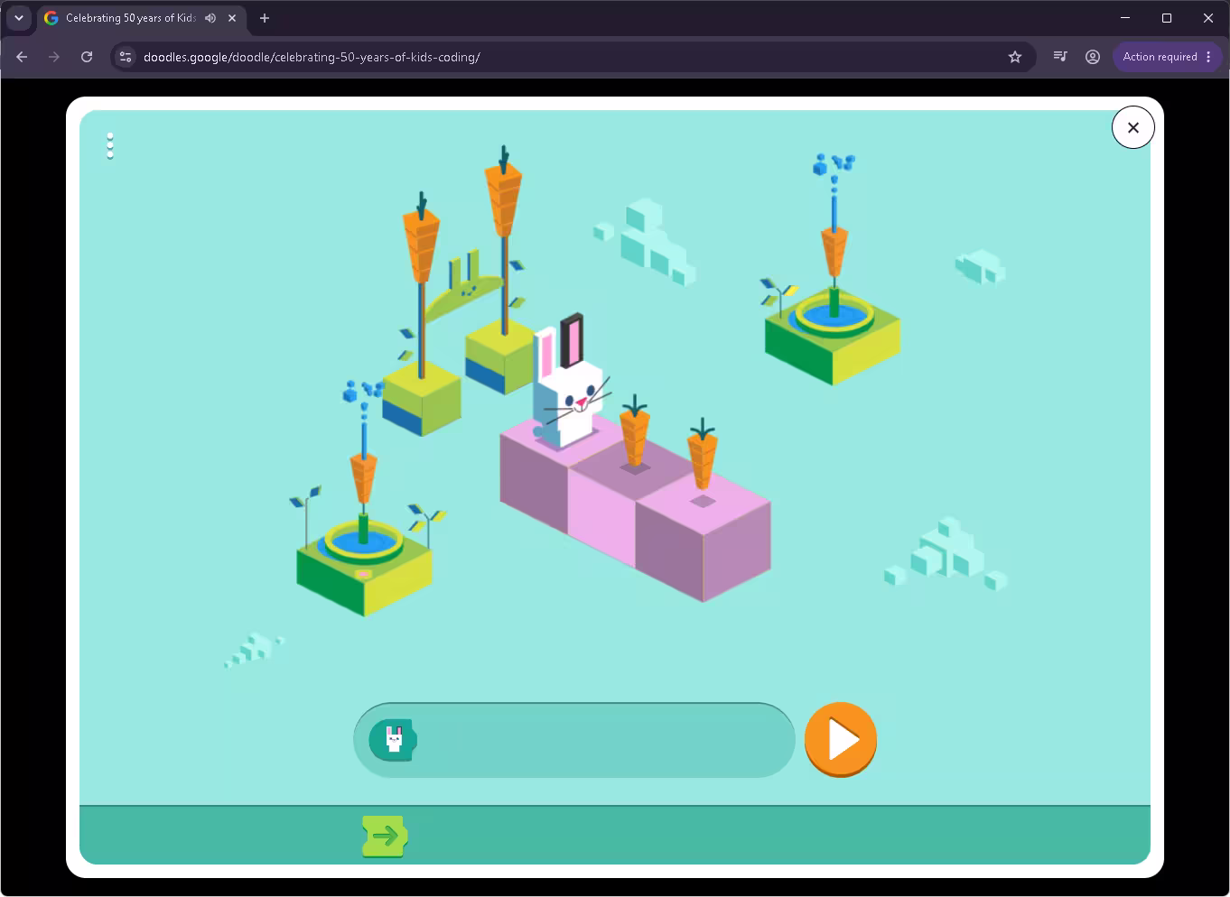 Coding for Carrots Google Doodle with a block-built bunny facing carrots on pink cubes