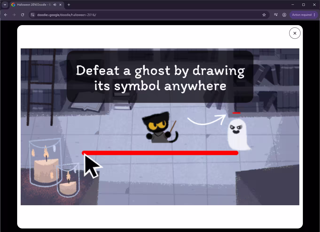 Magic Cat Academy tutorial showing Momo the cat defeating a ghost by drawing a line symbol