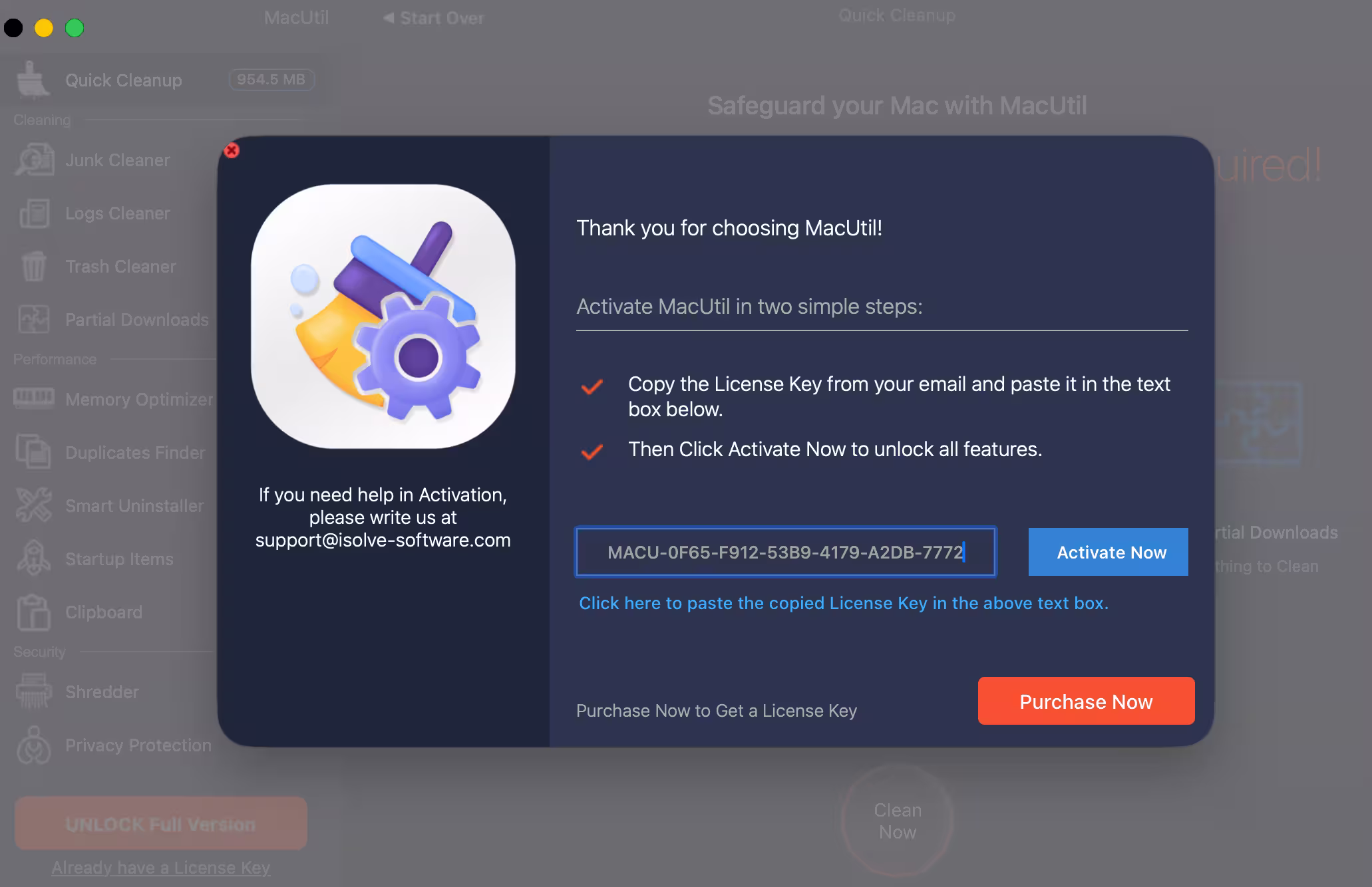 MacUtil activation window showing the license field and Activate Now button