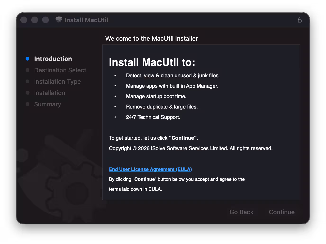MacUtil installer welcome screen on macOS