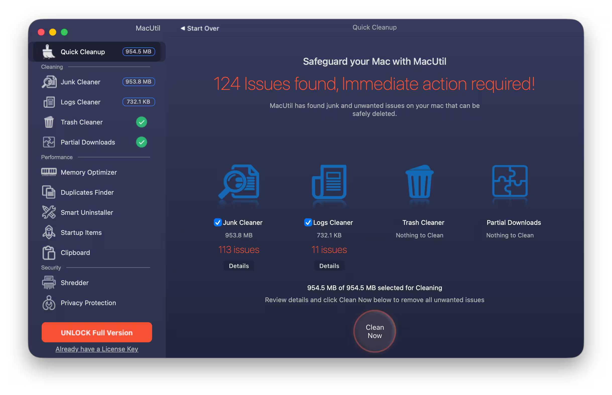 MacUtil Quick Cleanup reporting 953.8 MB of junk and 732.1 KB of logs