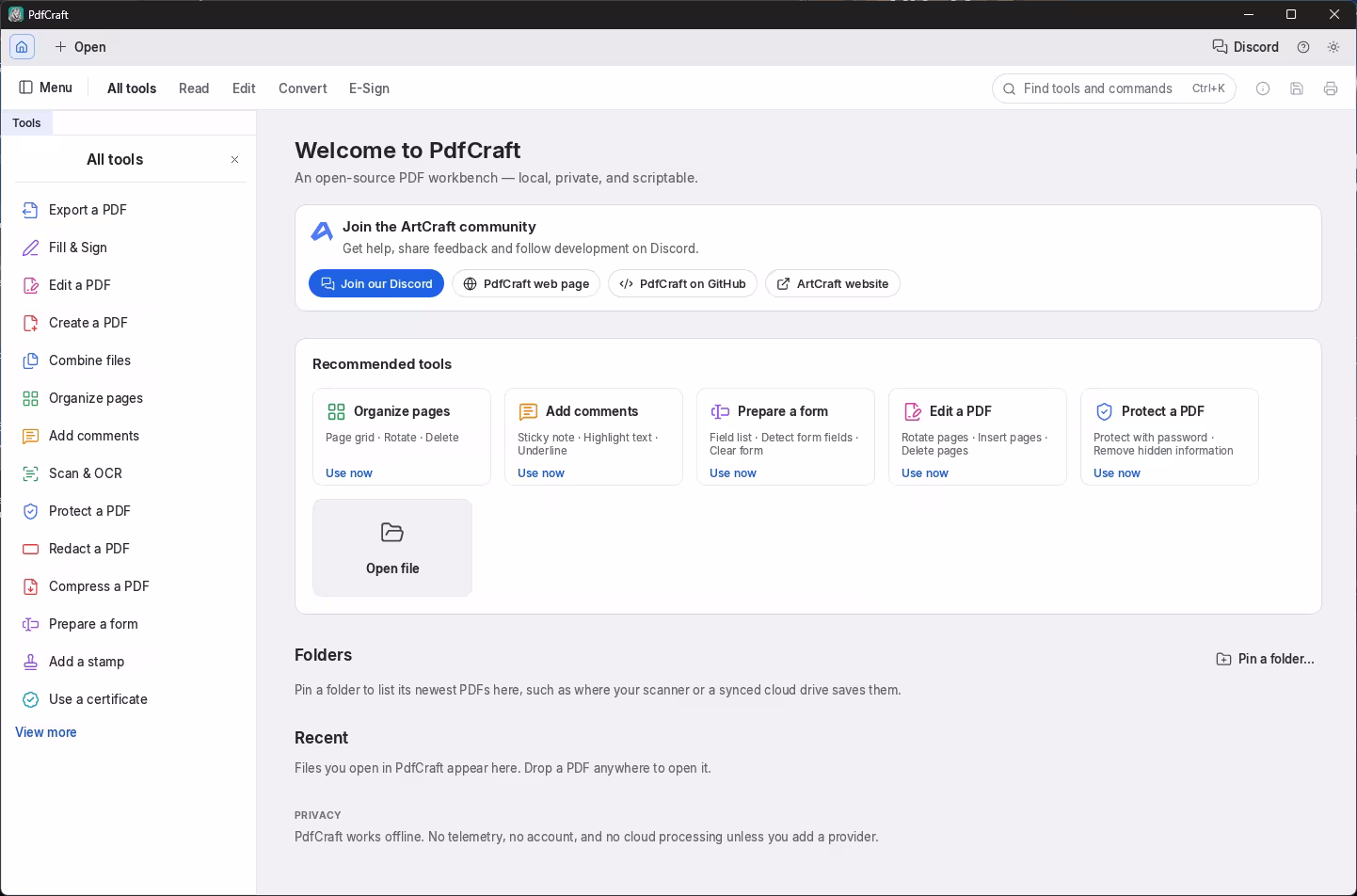 PdfCraft on Windows showing All tools including Fill and Sign, Combine files, Scan and OCR, Protect and Redact