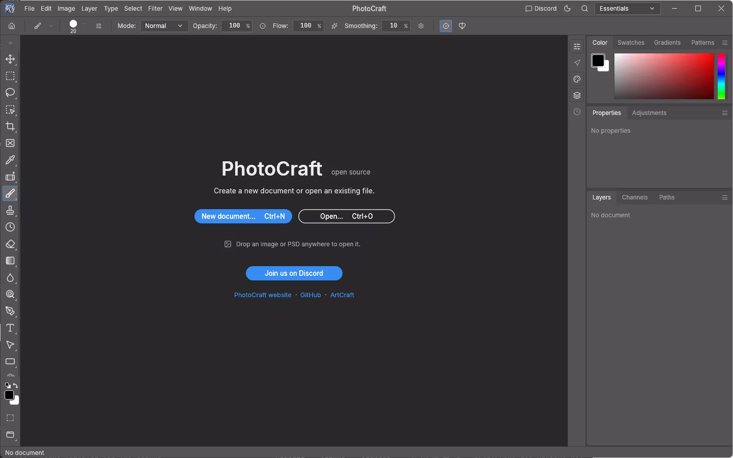 PhotoCraft image editor on Windows with tools, Color, Adjustments and Layers panels