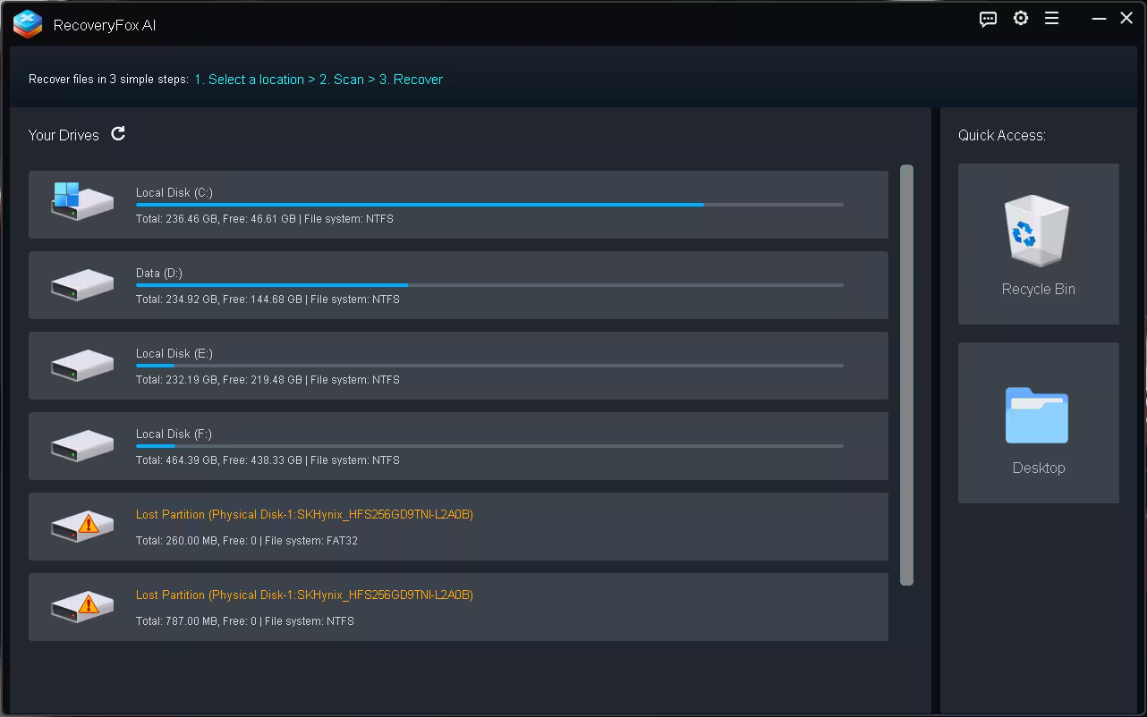 RecoveryFox AI main window listing local drives and lost partitions for data recovery