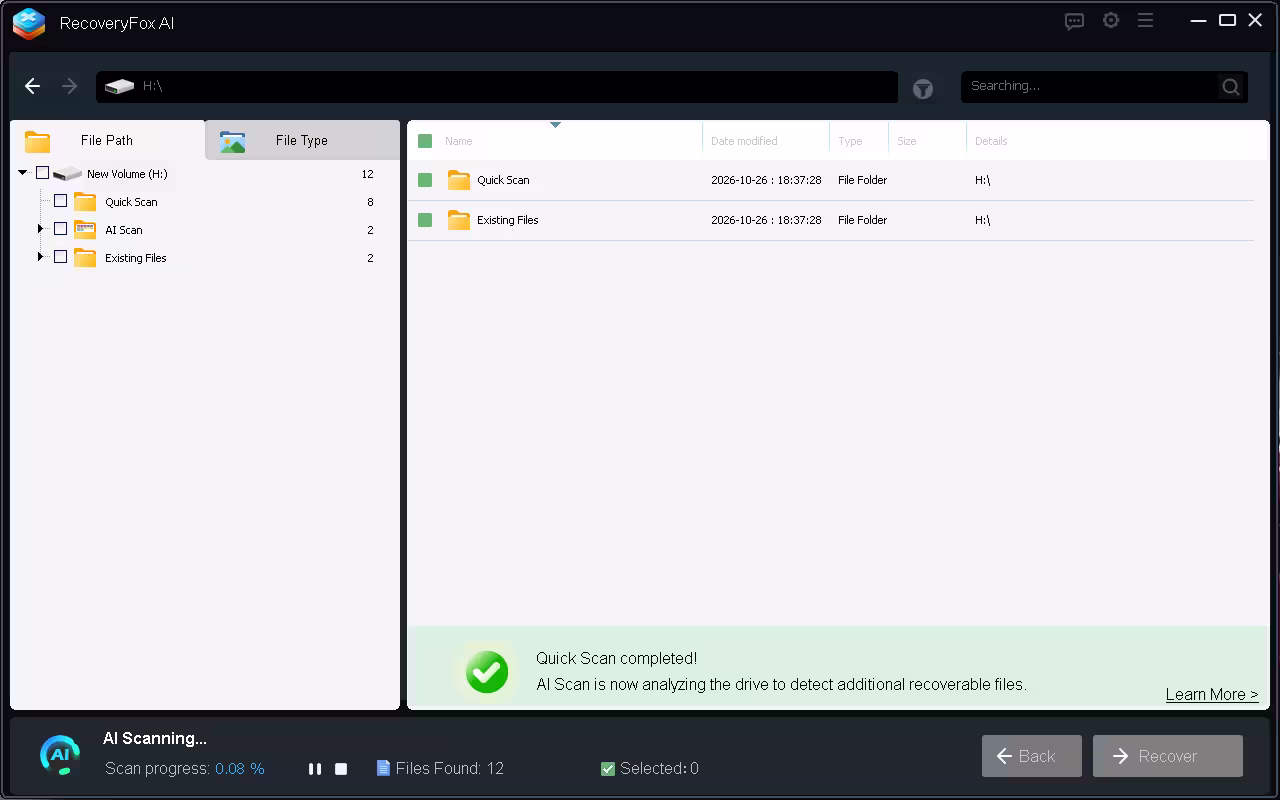 RecoveryFox AI showing Quick Scan completed while AI Scan analyses the drive for more files