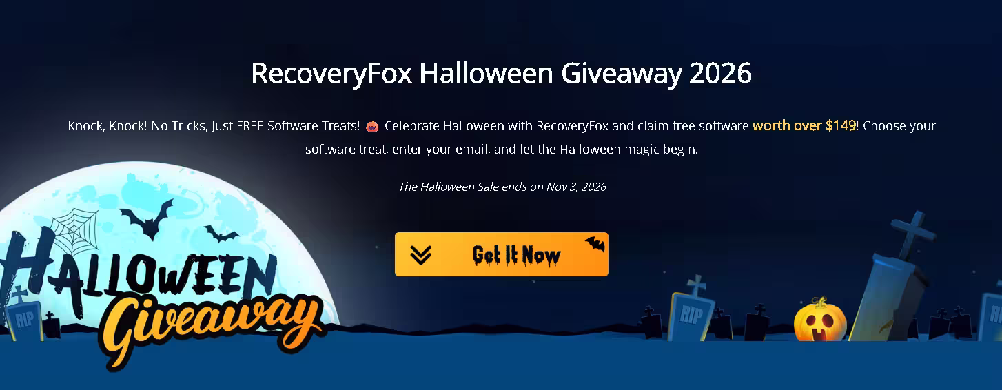 RecoveryFox Halloween Giveaway 2026 official page showing three free software licenses