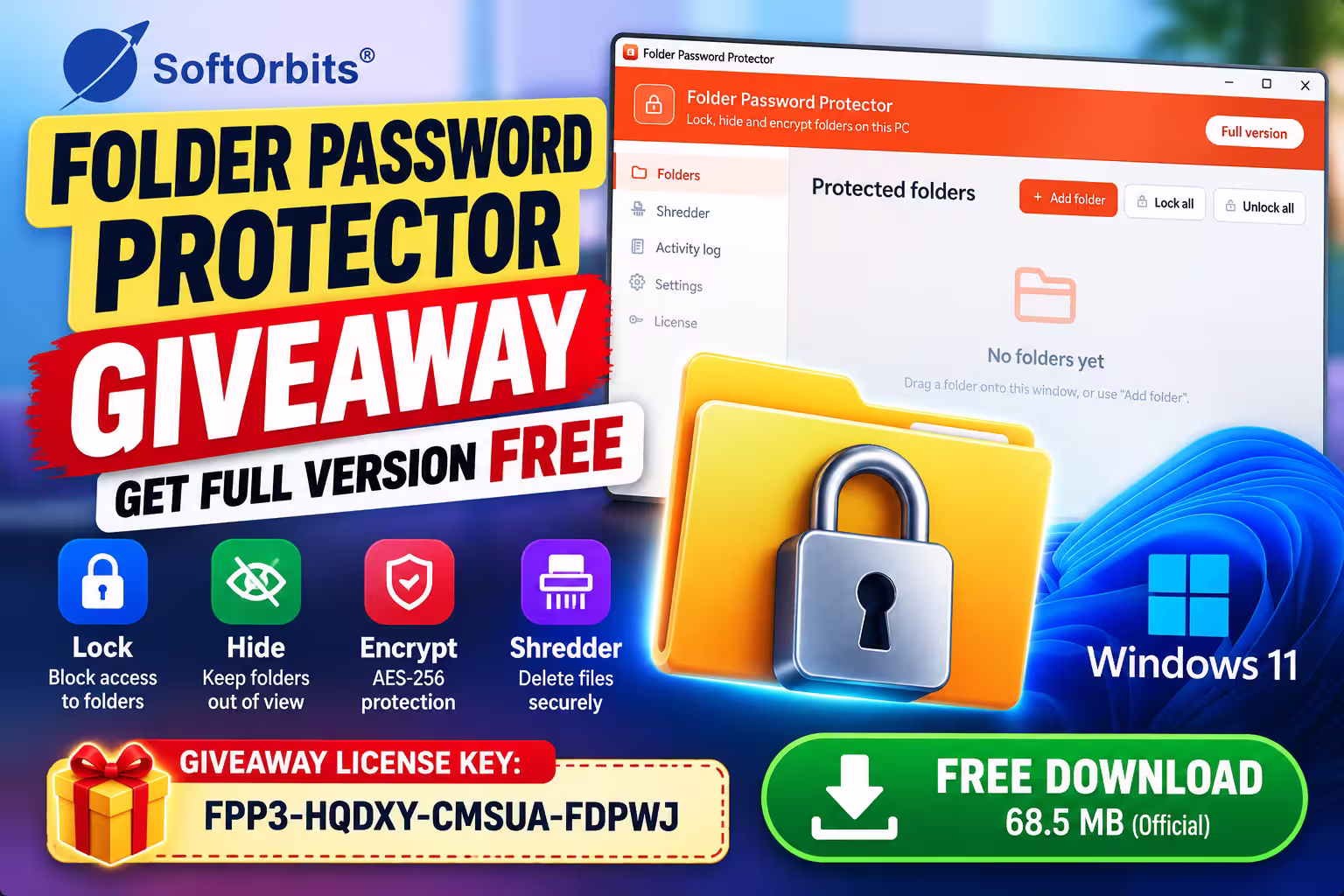 SoftOrbits Folder Password Protector Giveaway: Free Full Version License Key