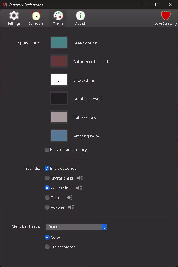 Stretchly Theme tab with six colour themes, transparency, break sounds and tray icon style
