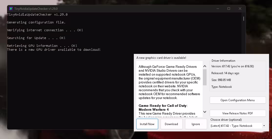 TinyNvidiaUpdateChecker showing NVIDIA driver 617.42 available with version, release date, size, release notes and older driver dropdown