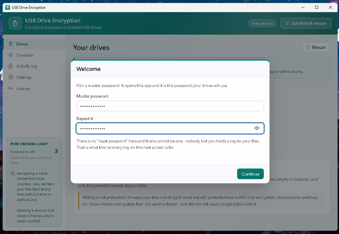 Welcome dialog asking the user to choose and repeat a master password, with a note that no password reset exists