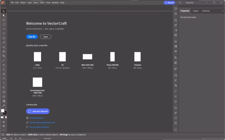 VectorCraft start screen with document presets on Windows