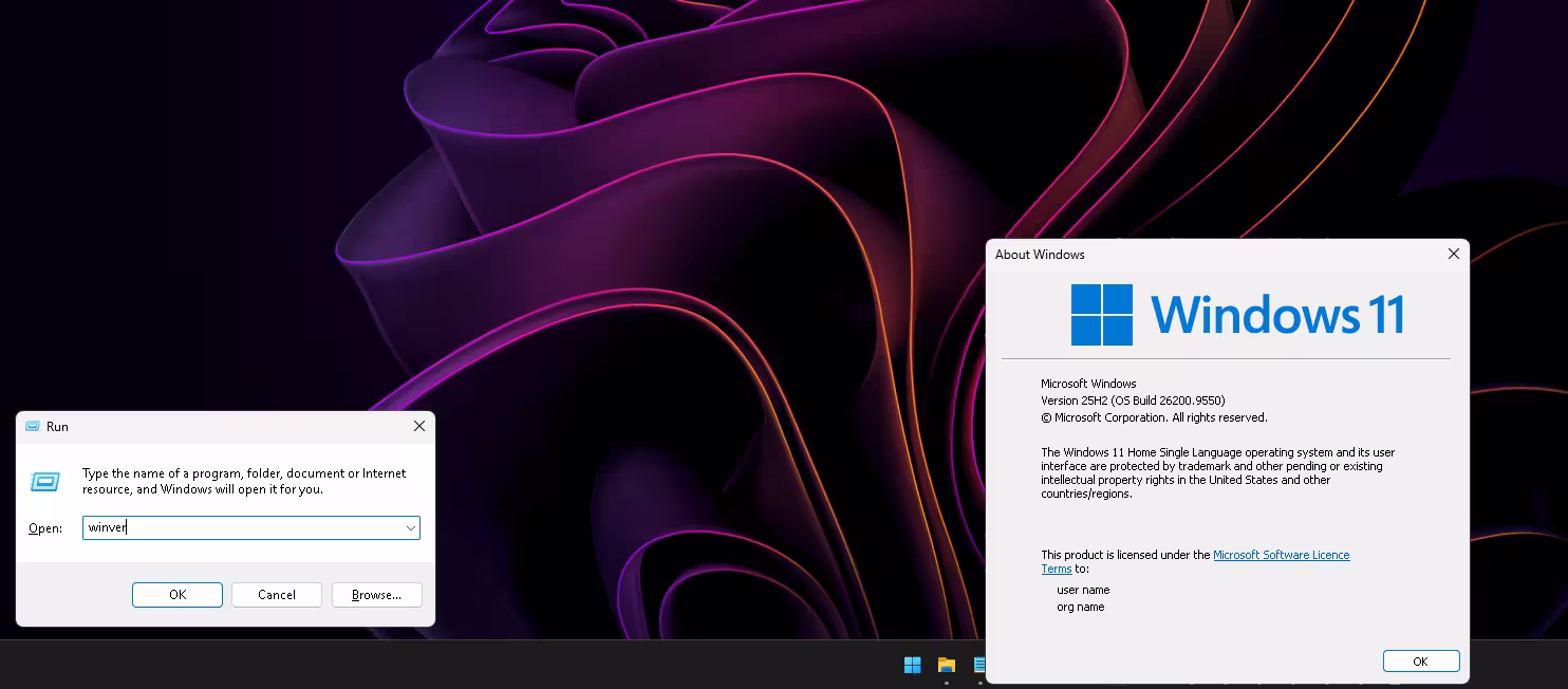 Windows 11 winver dialog showing version 25H2 build 26200 before the 26H2 update