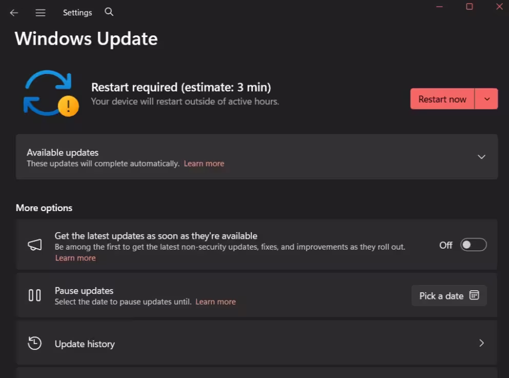 Windows 11 Windows Update page showing restart required with a 3 minute estimate after installing 26H2
