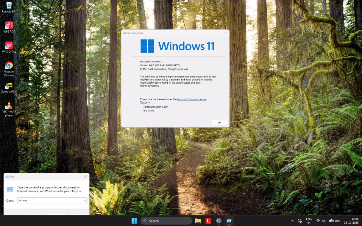 Windows 11 winver dialog showing version 26H2 build 26300 after the update