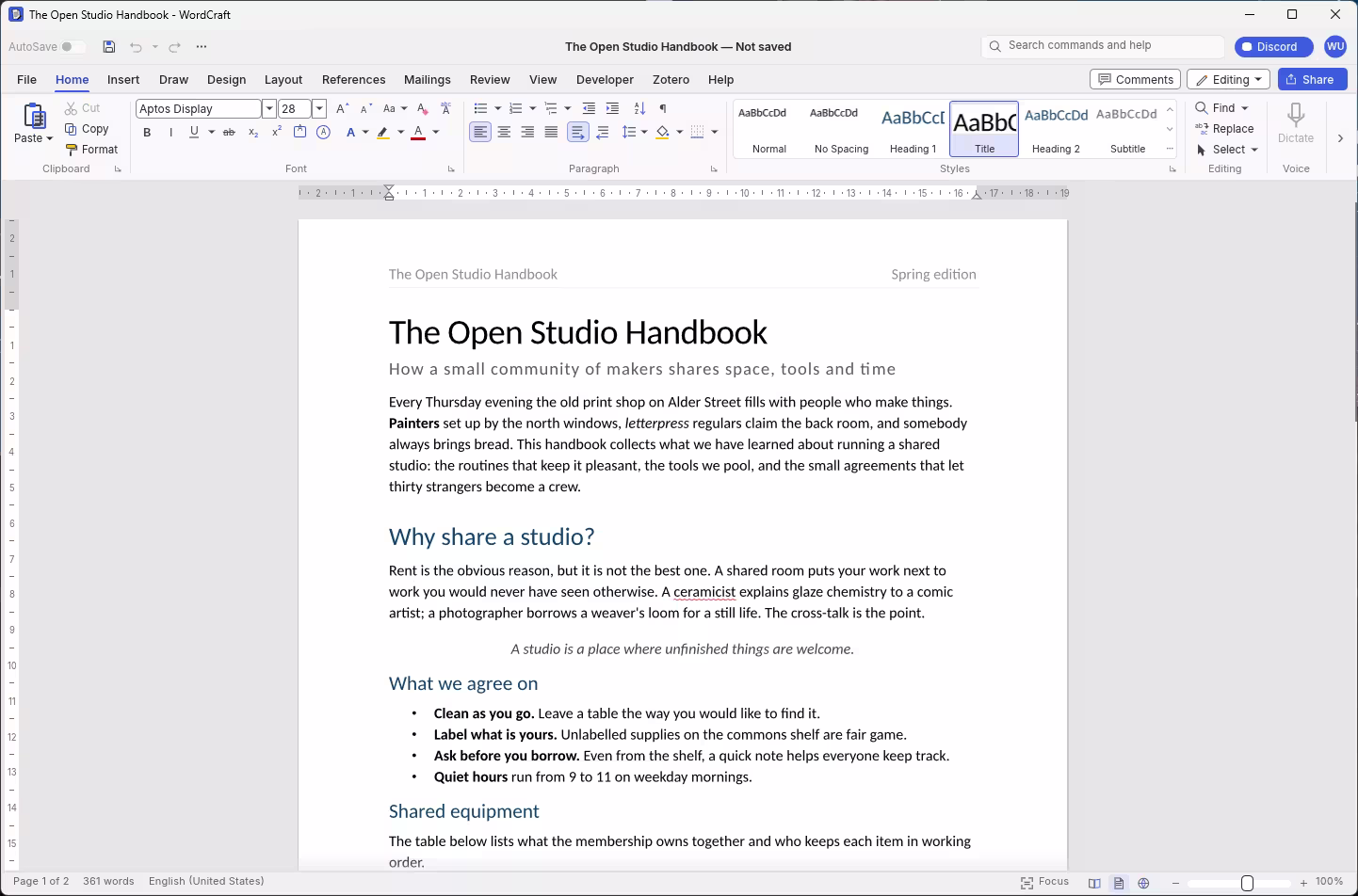 WordCraft word processor on Windows with a Word-style ribbon and a sample document open